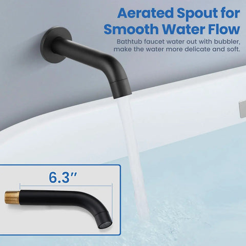 Matte black wall-mount tub spout detail of 3 Function Rain Shower System With Wall Mount Tub Shower Combo Handheld Spray Tub Spout 10 Inch Rain Head Matte Black Finish For Modern Bathrooms Upgrade Today.