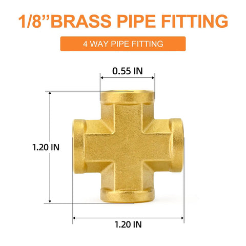 Front view of a 1/8 inch brass 4-way pipe fitting, showing measurements, part of Five Pack Brass Cross 4 Way Pipe Fitting One Eighth Inch NPT Female Thread Connector For Plumbing And Air Lines Durable Solid Brass Easy Install Leakproof And Versatile DIY Plumbing Kit.
