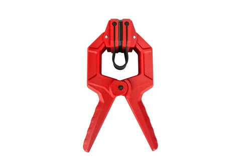 Premium 18 Pack Band Clamps For Edge Clamping Plywood Lamination Cabinet Shelving Steel Bands, red plastic clamp, close-up view.