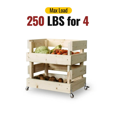 No Fuss Side Mount Casters 2 Inch L Shaped Rubber Furniture Wheels Set Of 8 With Wheel Brakes on a wooden fruit cart filled with vegetables.