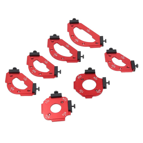 Heavy Duty Router Jig Set With Aluminum Woodworking Templates And R10 To R60 Radius Guides, precise red aluminum radius guides.