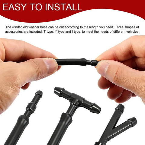 Heavy Duty Black Rubber Windshield Washer Hose Kit With 24 Piece Leak Proof T Y I Connector Set For Auto Car Truck Fluid Line Repair Quick Swap Tubing, showing connectors and installation.