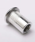 Close-up of M6 flat head threaded aluminum rivet nut from 100 Piece M6 Flat Head Threaded Aluminum Rivet Nut Blind Insert Nut Set With Tool