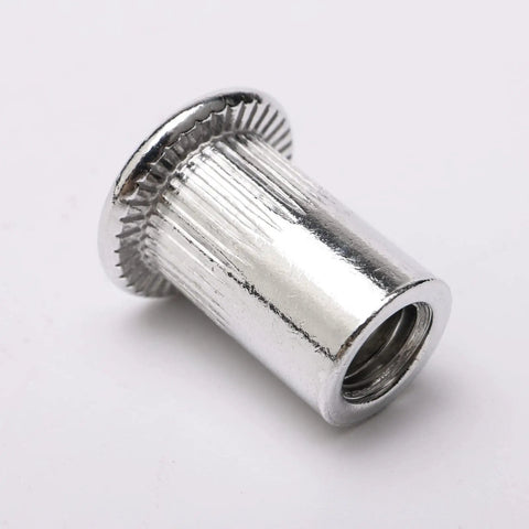 Close-up of M6 flat head threaded aluminum rivet nut from 100 Piece M6 Flat Head Threaded Aluminum Rivet Nut Blind Insert Nut Set With Tool