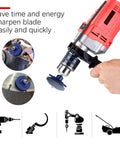 Close-up of a red power drill with a Blue Five Pack Lawn Mower Blade Sharpener For Any Power Drill With Corundum Stones attached.