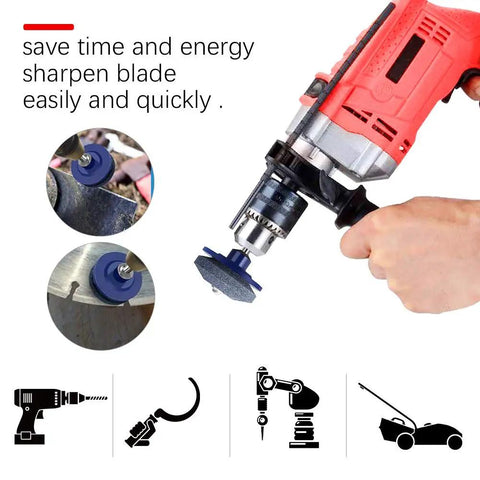 Close-up of a red power drill with a Blue Five Pack Lawn Mower Blade Sharpener For Any Power Drill With Corundum Stones attached.