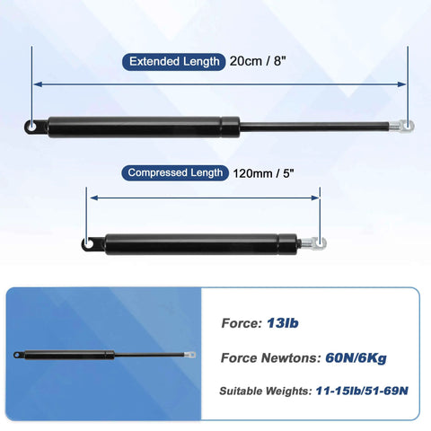8 Inch Gas Struts 60N 13lb 6Kg Lift Supports for Toolbox Storage Box and Window, heavy duty extension with size details