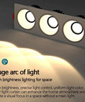 7-Pack LED Recessed 3-Head Spotlights Sleek Black Rectangle COB Downlights featuring bulbs emitting bright light.