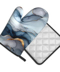Super Cool Gary Fluid Oven Mitt And Pot Holder Set For Kitchen Heat Resistant Up To 356 Degrees F To Protect Hands While Cooking Delicious Meals - stylish blue and white design with gold accents.