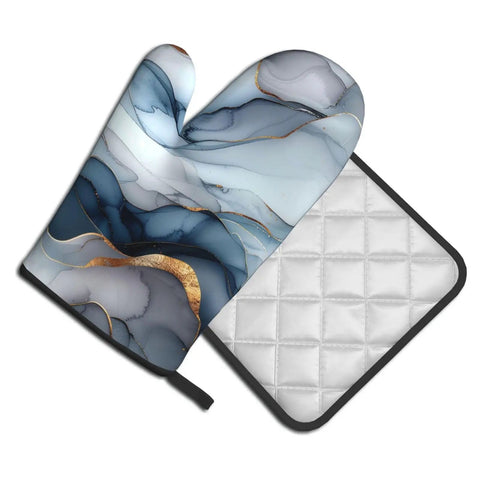 Super Cool Gary Fluid Oven Mitt And Pot Holder Set For Kitchen Heat Resistant Up To 356 Degrees F To Protect Hands While Cooking Delicious Meals - stylish blue and white design with gold accents.