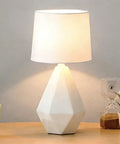Modern White Ceramic Table Lamp With Irregular Geometric Base And White Fabric Shade Compact Nightstand Bedside Lamp For Bedroom Living Room Or Office 15 Inch Tall 7 Inch Diameter Sleek Decor Accent