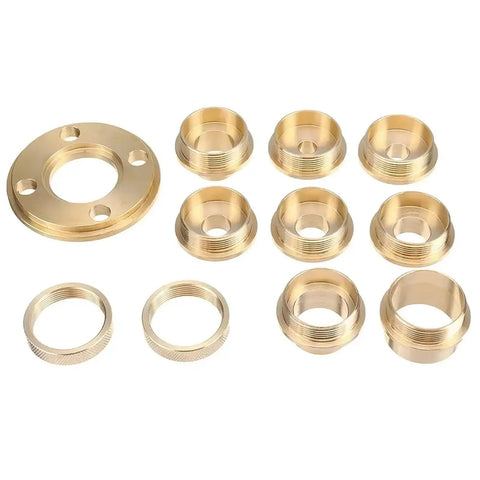 Premium Pure Copper Router Bushing Guide Set Dead Nuts Precise For Fine Woodworking showing eleven copper bushings and flange components.