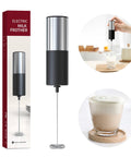 Handheld Electric Milk Frother And Drink Mixer Creates Rich Creamy Foam In Seconds With Stainless Steel Whisk, showcased with packaging.