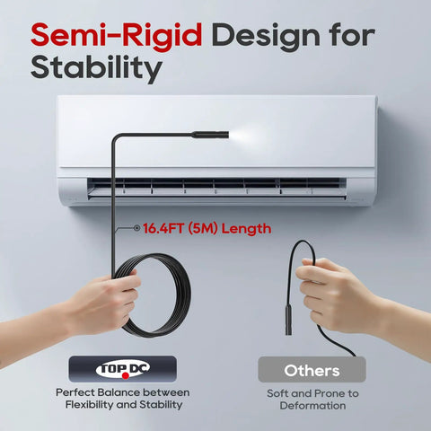 Pro-Grade Endoscope Camera With Light demonstrating 16.4ft semi-rigid cable stability in use with air conditioning unit