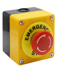 Emergency Stop Push Button Switch 660V 10A 2-Position DPST Momentary 1NO 1NC with 40mm red mushroom cap on yellow background