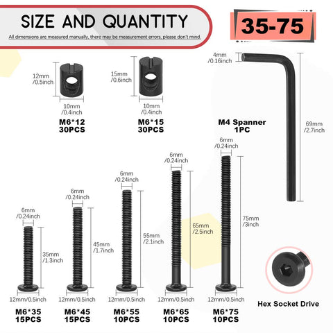 No Sweat Setup M6 Hex Socket Barrel Nuts 120 Piece Black Zinc Hardware Assortment Kit For Baby Crib And Furniture Build With 35Mm To 75Mm Screws - Size and Quantity Chart