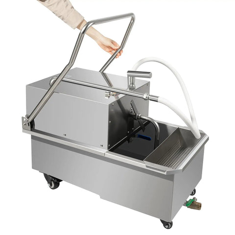 LARIDEN Mobile Fryer Oil Filter Cart Machine For Restaurant with stainless steel build and pump for oil filtration.