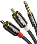 3.5mm To RCA Audio Cable 6.6 Feet 2RCA Male To Aux Adapter black gold-plated connectors, close-up of plugs