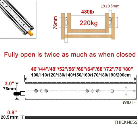 Heavy-Duty Full Extension Drawer Slides With Lock, Side-Mount Steel Ball Bearing Runners, Built Tough Holds 480 Lb dimensions diagram