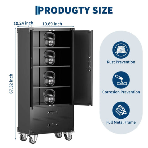 71.7 Inch Metal Storage Cabinet Built Tough With Locking Doors, Two Drawers, Adjustable Shelves, And Mobile Wheels