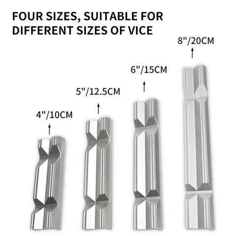 Four sizes of Magnetic Aluminum Vise Jaws Set With Soft Protectors, 4 to 8 inches, shown with measurements labeled