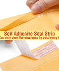 Close-up of 10 Pack Kraft Bubble Mailers 9x12 self-seal padded envelopes showing the waterproof adhesive strip for secure packaging.