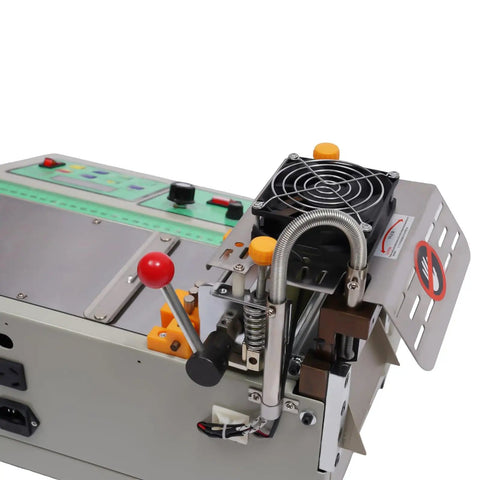 Hot And Cold Cutting Textile Cutter For Webbing Ribbon And Zipper With Handguard Blade Cover Adjustable Temperature And Out Of Material Alarm Auto Tape Cutter For Knitwear Leather Plastic All In One Pro with control panel and cooling fan.