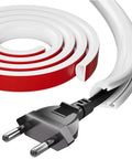 Game Changing 118 Inch Silicone Cord Cover For Walls With Strong Self Adhesive Backing Flexible Cable Manager To Nail Your TV Setup And Kick The Ugly Wires Straight To The Curb Today, showing white cord cover with red edge and plug.