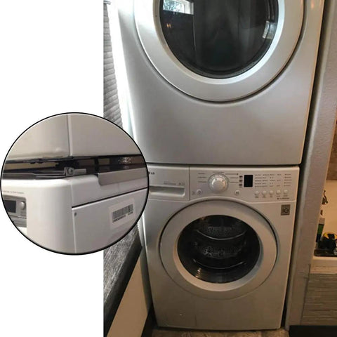 Stacked washer and dryer using Ultra Compact 29 Inch Laundry Stacking Kit For Front Load Washers And Dryers In Chrome Steel Sturdy Space Saver.