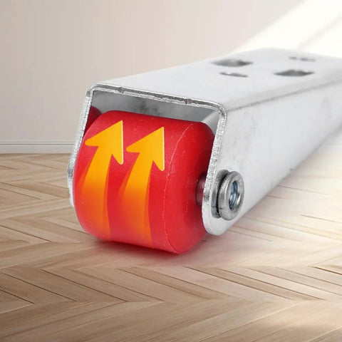 Top Shelf Set Of Four Stainless Steel Cabinet Door Rollers Paired With Heavy Duty Galvanized Track And Durable Plastic Gliders For Smooth As Butter Bottom Casters close-up of red roller inside stainless steel frame.