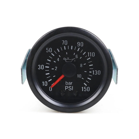 2-inch Dyno Racing oil pressure gauge, black dial with red needle, 0-150 PSI / 10 BAR, side mounting brackets