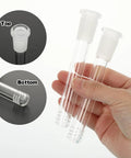 Person holding two borosilicate glass tubes, 4.7 inch, with top and bottom views highlighted, for Eight 4.7 Inch Thick Borosilicate Glass Tubes With Cleaning Brushes.