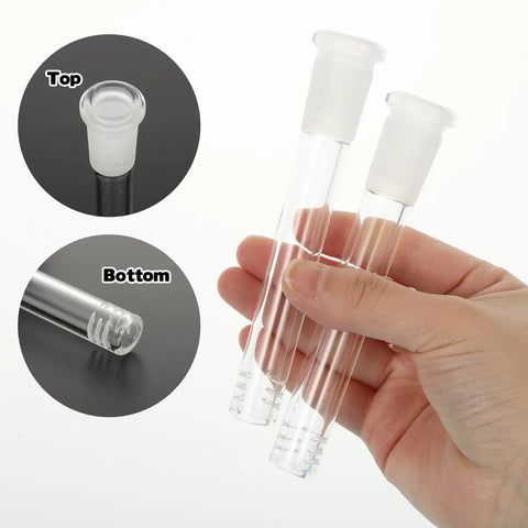 Person holding two borosilicate glass tubes, 4.7 inch, with top and bottom views highlighted, for Eight 4.7 Inch Thick Borosilicate Glass Tubes With Cleaning Brushes.