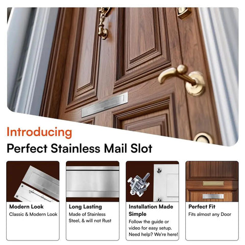 Wooden door with stainless steel mailslot for front door 13 by 4 inch through door letter plate rustproof 304 steel with satin finish