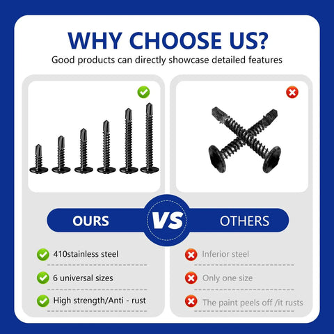 Comparison of Heavy Duty 410 Stainless Steel Sheet Metal Screw Assortment Kit Dang Tough fasteners versus inferior screws.