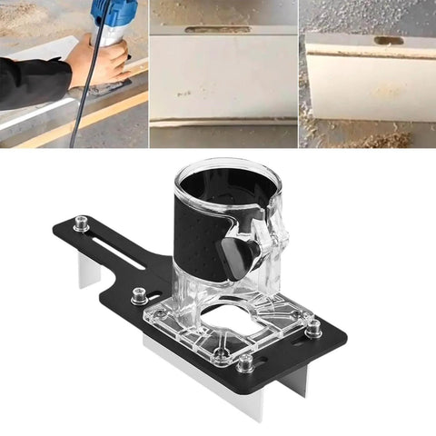 2 In 1 Invisible Fastener Slotting Bracket For Cabinet Furniture Assembly And Wood Router Base Mortising Jig, Heavy Duty Aluminum Alloy Construction, DIY Friendly, Lets You Slot, Align, And Assemble Cabinets With Ease; shown in use and close-up of material slotting