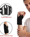 Man wearing Wrist Brace For Carpal Tunnel Relief, Night Sleep Support, with double support strips and compression straps, black.