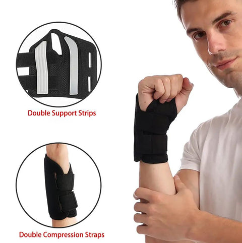 Man wearing Wrist Brace For Carpal Tunnel Relief, Night Sleep Support, with double support strips and compression straps, black.