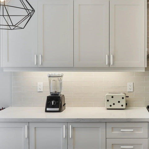 10 Pack Brushed Satin Nickel Cabinet Pulls 5 Inch Center To Center Square Drawer Handles For Kitchen Cabinets Installed on White Cabinets