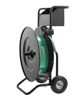 Road Ready Banding Strapping Cart For Pet And Polypropylene Coils Handles Eight Or Sixteen Inch Cores Smooth Rolling Strap Dispenser With Drum Brake And Rubber Casters True Workhorse with green tape coil.