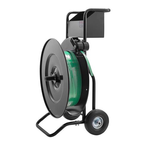 Road Ready Banding Strapping Cart For Pet And Polypropylene Coils Handles Eight Or Sixteen Inch Cores Smooth Rolling Strap Dispenser With Drum Brake And Rubber Casters True Workhorse with green tape coil.
