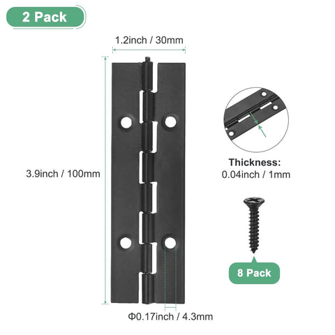 Top Shelf Heavy Duty 2 Pack 4 Inch Piano Hinges 304 Stainless Steel Black Continuous Cabinet Door Hinges With Pre Drilled Holes And Screws, dimensions labeled.