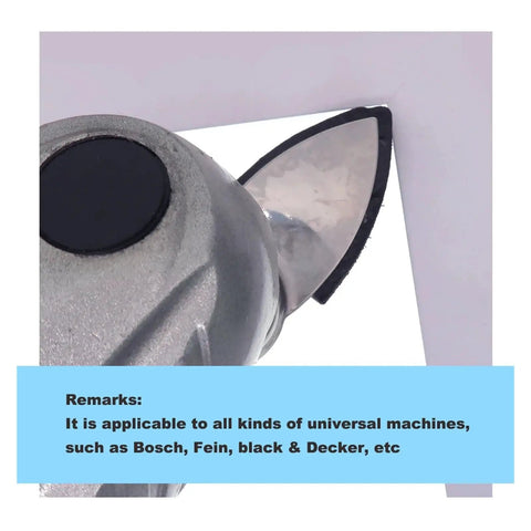 Close-up of metal detail sander compatible with various machines, showcasing angle for use with 31 Pack 1.5 Inch Triangle Sanding Discs With Dust Vent Holes And Hook Loop Backing For Fast Detail Sander Work And Smooth Finish.