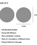 Dimensions and features of 2-Pack 7 Inch Round Door Knob Wall Protectors in gray, showing shock-absorbing rubber and self-adhesive qualities.