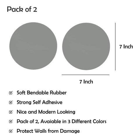 Dimensions and features of 2-Pack 7 Inch Round Door Knob Wall Protectors in gray, showing shock-absorbing rubber and self-adhesive qualities.
