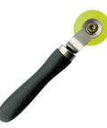 Car sound deadener roller with a 2-inch yellow wheel and black handle, close-up view
