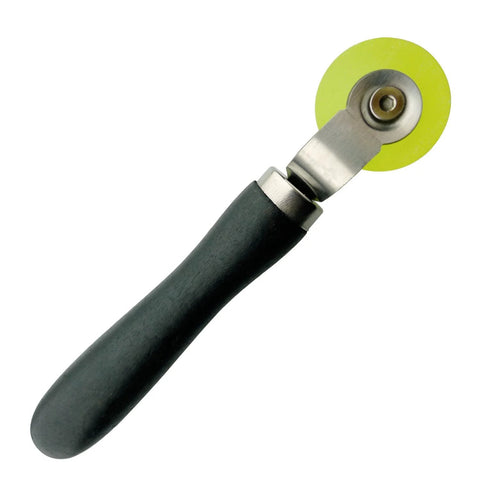 Car sound deadener roller with a 2-inch yellow wheel and black handle, close-up view