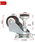 Heavy Duty Leveling Caster Wheels Featuring Two Inch Polyurethane Swivel Rollers and Quick Adjust Feet for Shop Tables and Gear, side view dimensions.