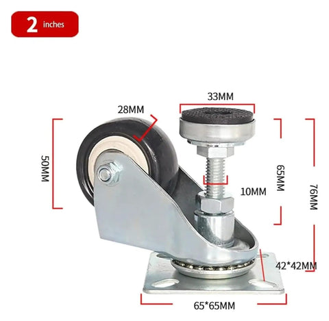 Heavy Duty Leveling Caster Wheels Featuring Two Inch Polyurethane Swivel Rollers and Quick Adjust Feet for Shop Tables and Gear, side view dimensions.