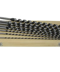 Top Shelf 8 Piece 18 Inch Auger Drill Bit Set For Wood With Screw Points Self Feeding High Carbon Steel Heavy Duty Extra Long Boring Bits And Wooden Storage Case arranged in a wooden case.